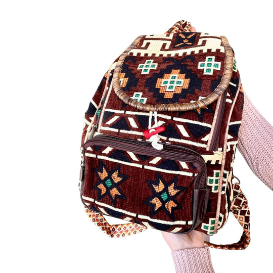 Personalized Chocolate Brown Ethnic Kilim Pattern Very Strong & Stylish Hiking Backpack, Traditional Style Rucksack Gift For Girlfriend