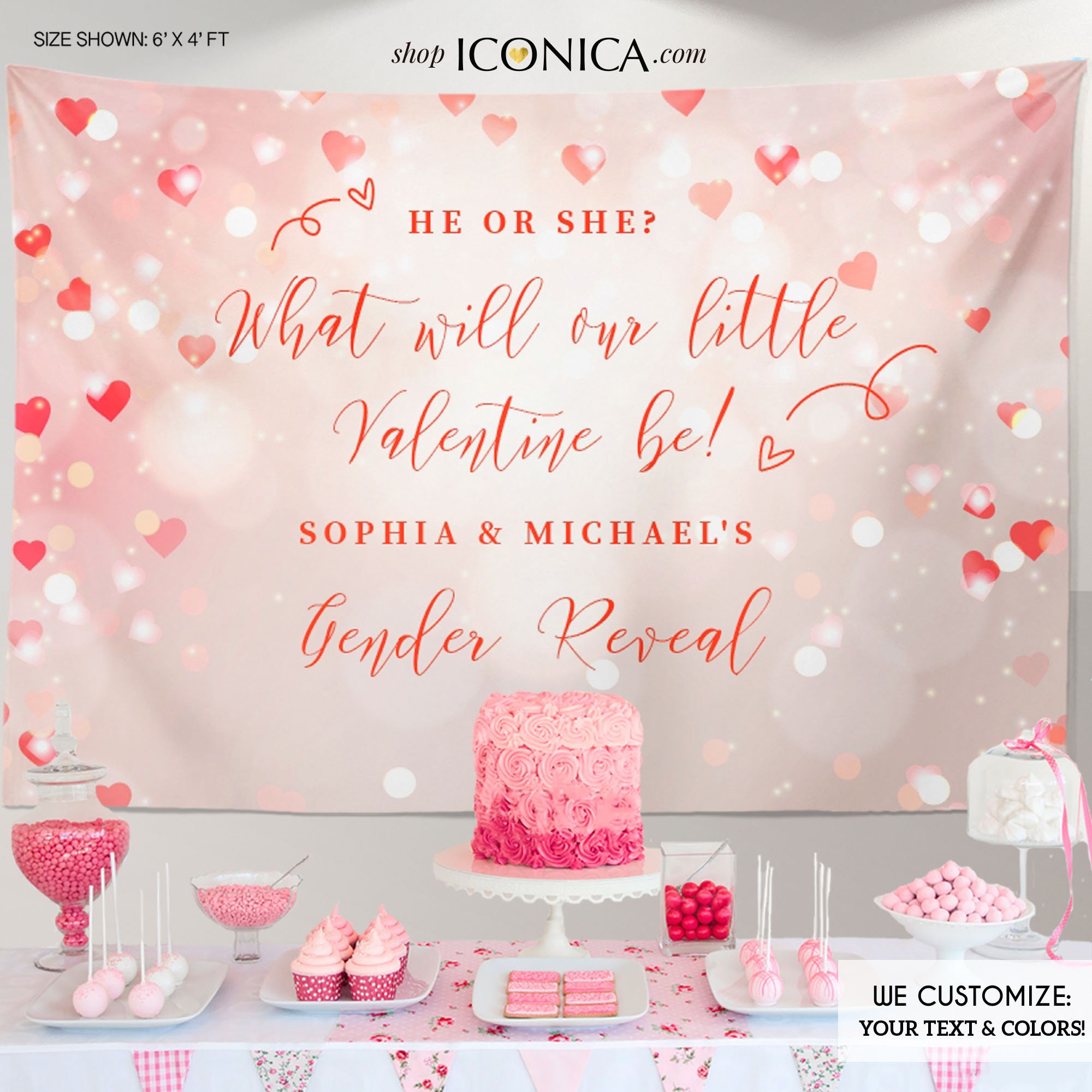 Valentines Baby Shower Decorations, Valentines Gender Reveal Backdrop, Our Little Valentine Banner He Or She, Heart Bokeh Backdrop Bvl0007