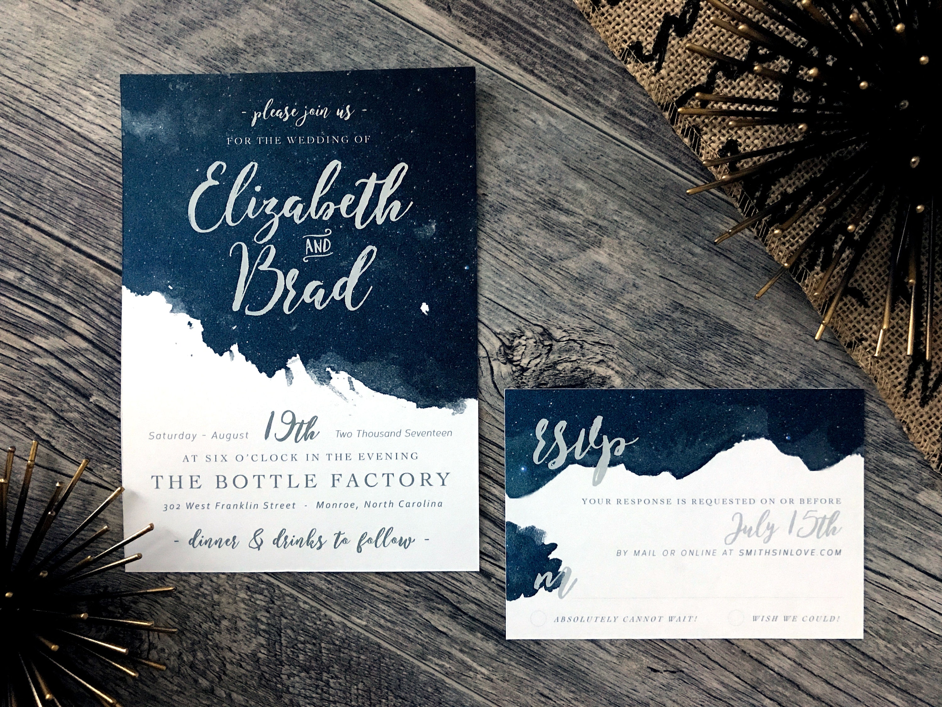 Starry Night Suite | Navy Blue Watercolor Texture Wedding Stationery Romantic Sky Invitation Set