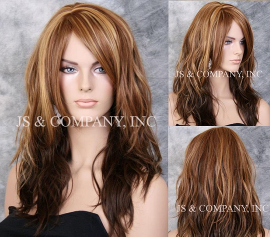 Natural Human Hair Blend Wig Ombre Caramel Blonde Brown Mix Relaxed Waves Full Long Bangs Off Center Parting Cancer Alopecia Theater Cosplay