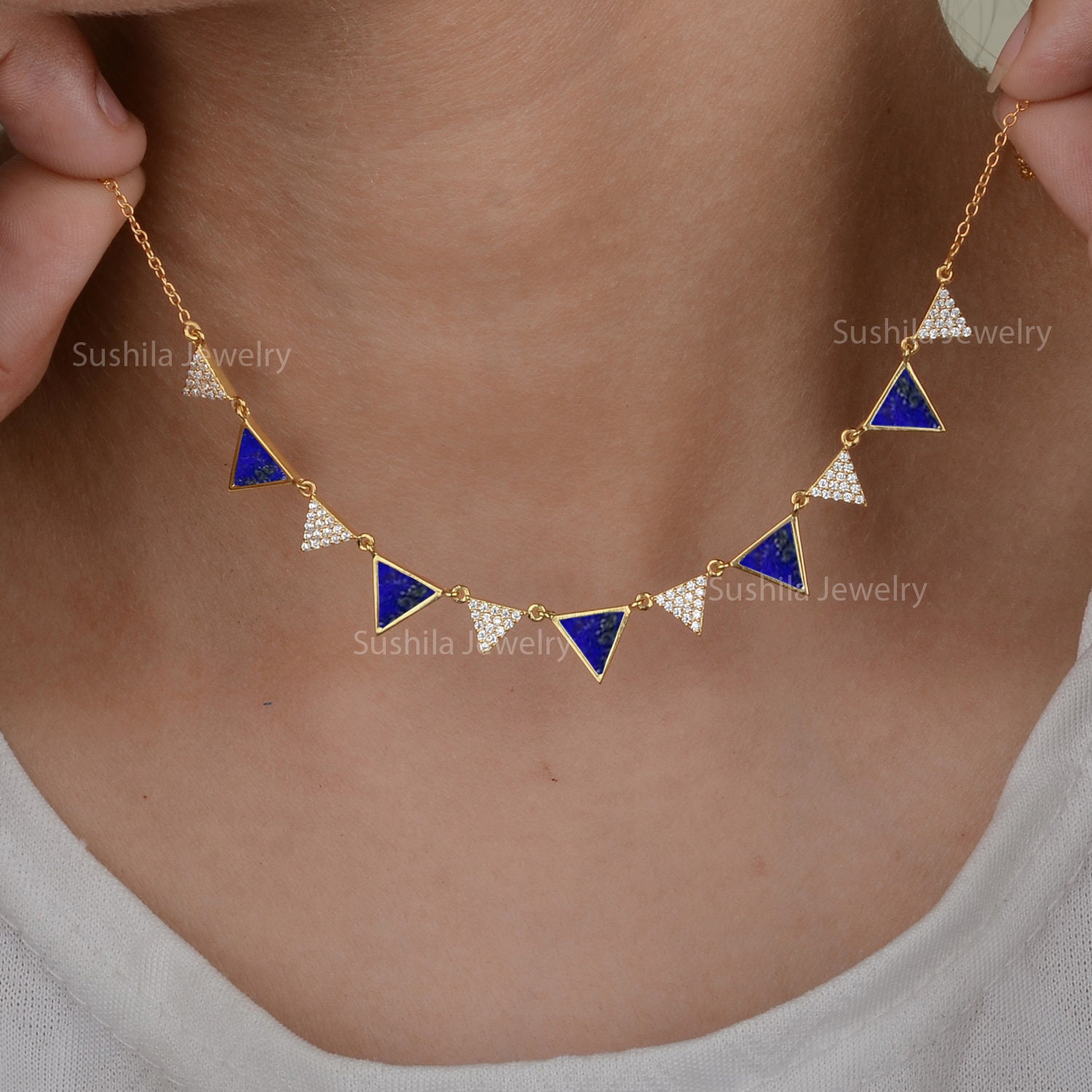 Genuine Triangle Lapis Lazuli Gemstone & Si Clarity G-H Color Diamond Necklace Solid 14K Yellow Gold Station Jewelry Christmas Gift