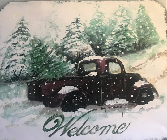 Hand Painted Slate Sign, Vintage Christmas Tree in Truck, With Welcome