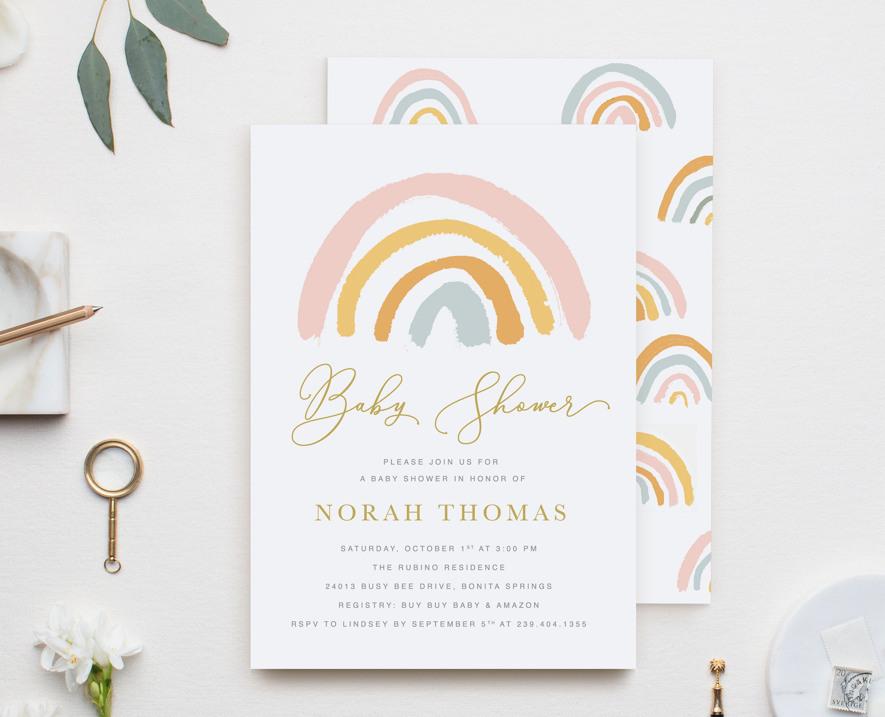 Boho Rainbow Baby Shower Invitation, Muted Earthy Gender Neutral Pastel