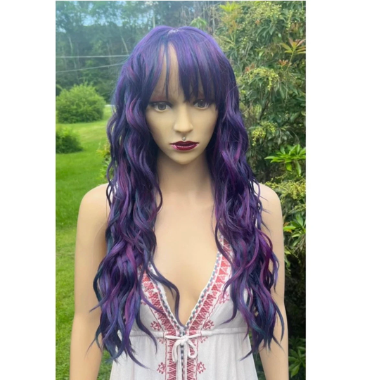 Wavy Purple Mix Human Hair Blend With Bangs Daily Wig