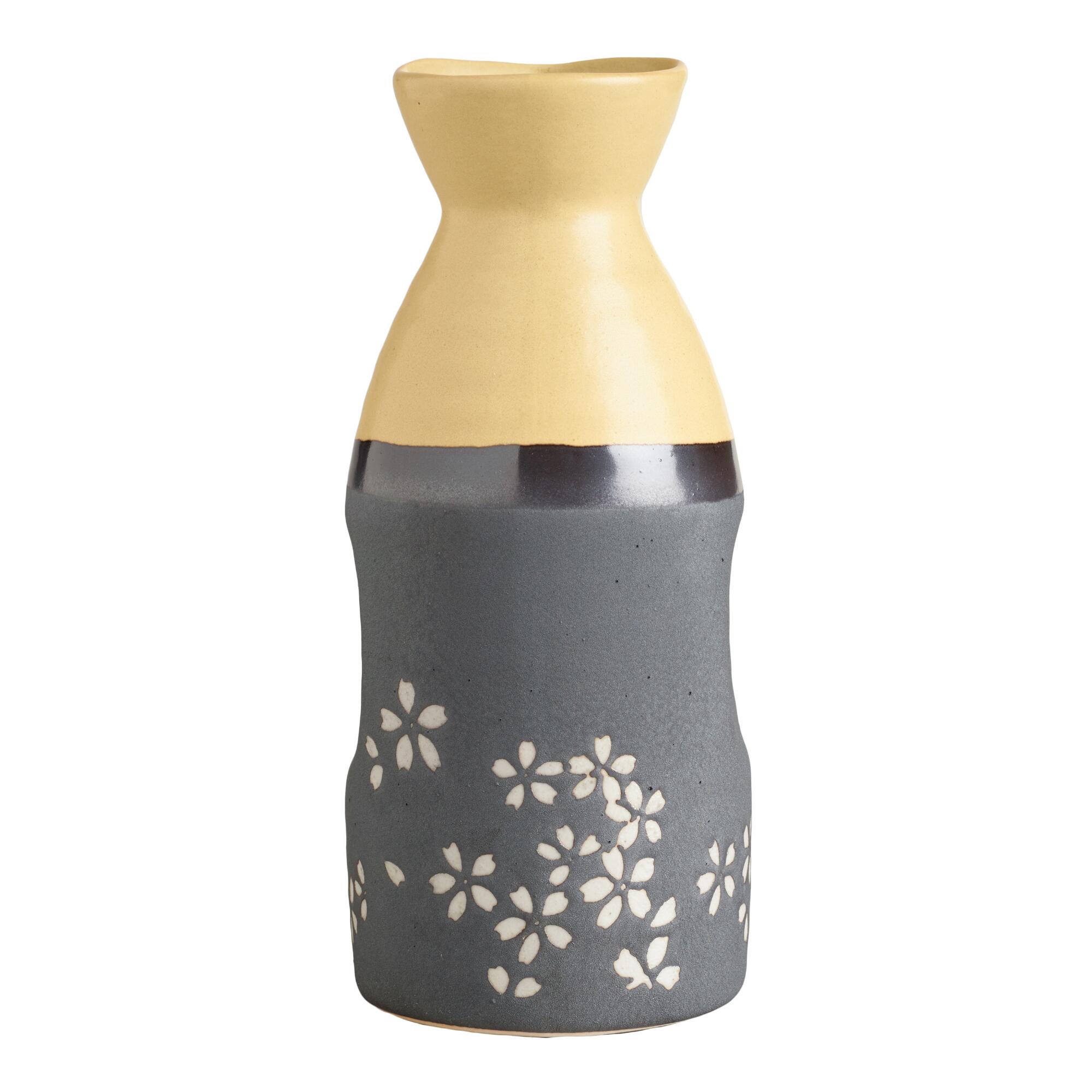 Fuji Blossom Sake Bottle: Gray/Yellow - Stoneware by World Market