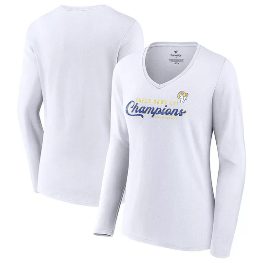 Women's Fanatics Branded White Los Angeles Rams Super Bowl LVI Champions Long Sleeve V-Neck T-Shirt, Size: XL