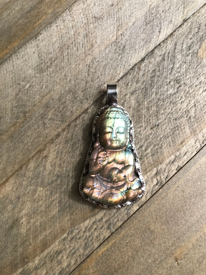 Labradorite Buddha Pendant, Flash Blue Green Labradorite, Handcrafted, Nepalese, Tibetan Repousse Silver, Himalayan, 54x28 Mm
