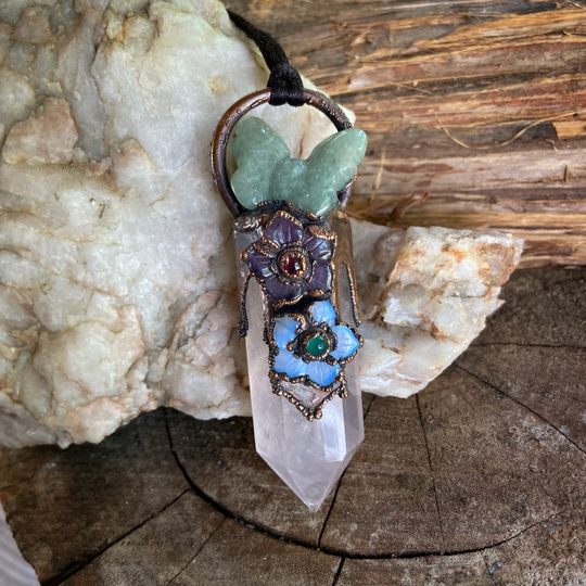 Copper & Rose Quartz Point With Aventurine Butterfly Pendant Necklace