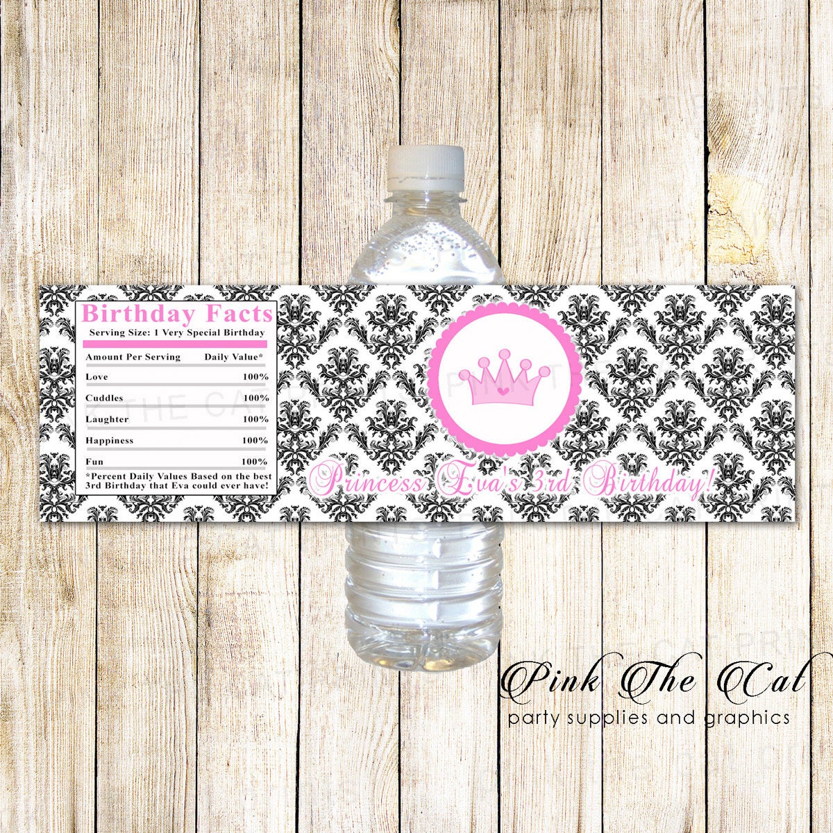 Princess Birthday Water Bottle Labels, Princess Baby Shower Pink Black Damask Printable Labels