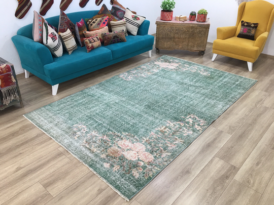 Green Turkish Rug, Area Vintage Oriental Antique Living Room Saloon Ethnic 5.7x9.5 Feet, Rk 10203