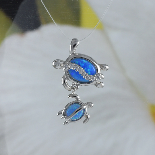 Beautiful Hawaiian Mom & Baby Sea Turtle Necklace, Sterling Silver Blue Opal Family Pendant, N8836 Birthday Christmas Gift