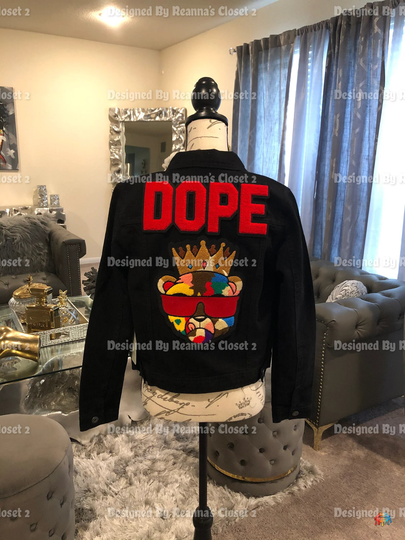Reworked Bear Patched Distressed Black Denim Jacket Custom By Reanna Chenille Dope Jean Sz Medium Women's