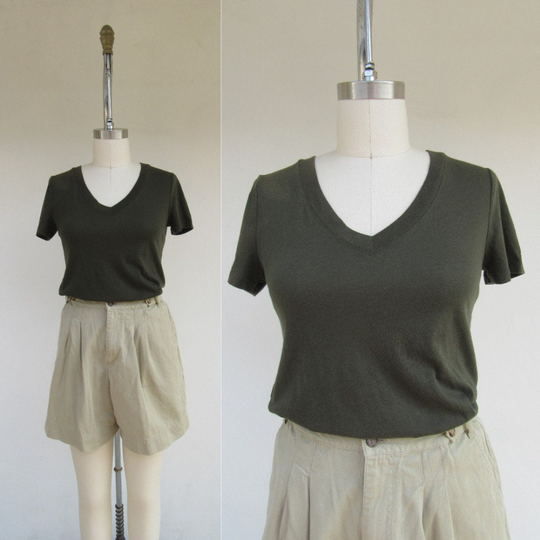 90S Olive Drab Cotton Blend V Neck Tee Shirt | Kelp Short Cap Sleeve Minimal Blouse M