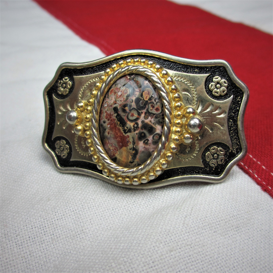 Vintage 1980's Lace Agate Stone Setting Belt Buckle Red Black Semi Precious Brass Geology South West Cowboy Western Wear Small