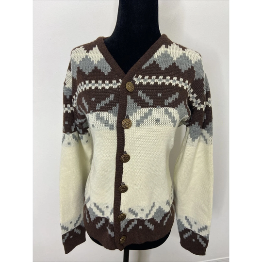Vintage White Ram Men M Wool Ski Nordic Fair Isle Cardigan Sweater Ramtuk