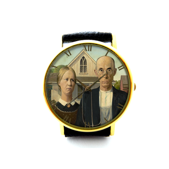 American Gothic Leather Watch, Grant Wood Fine Art Unisex Americana Jewelry