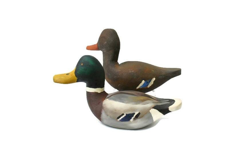 Vintage Miniature Wooden Mallard Duck Decoy Pair By Travis Tyler From Crisfield Maryland 1976