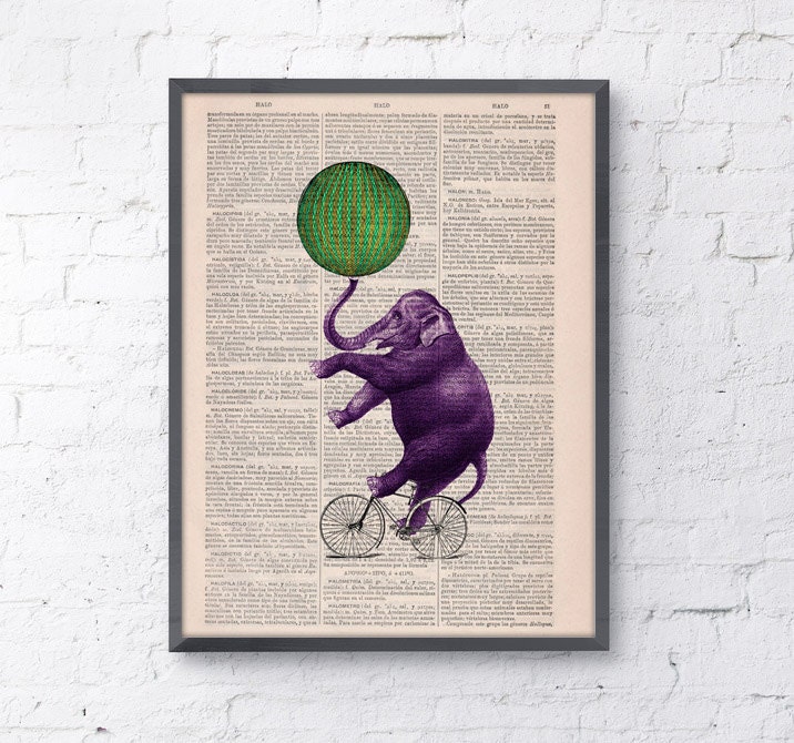 Circus Elephant, Wall Art, Decor, Digital Prints Animal, Gicle, Vintage Book Sheet, Nursery Wall Prints, Wholesale Ani094