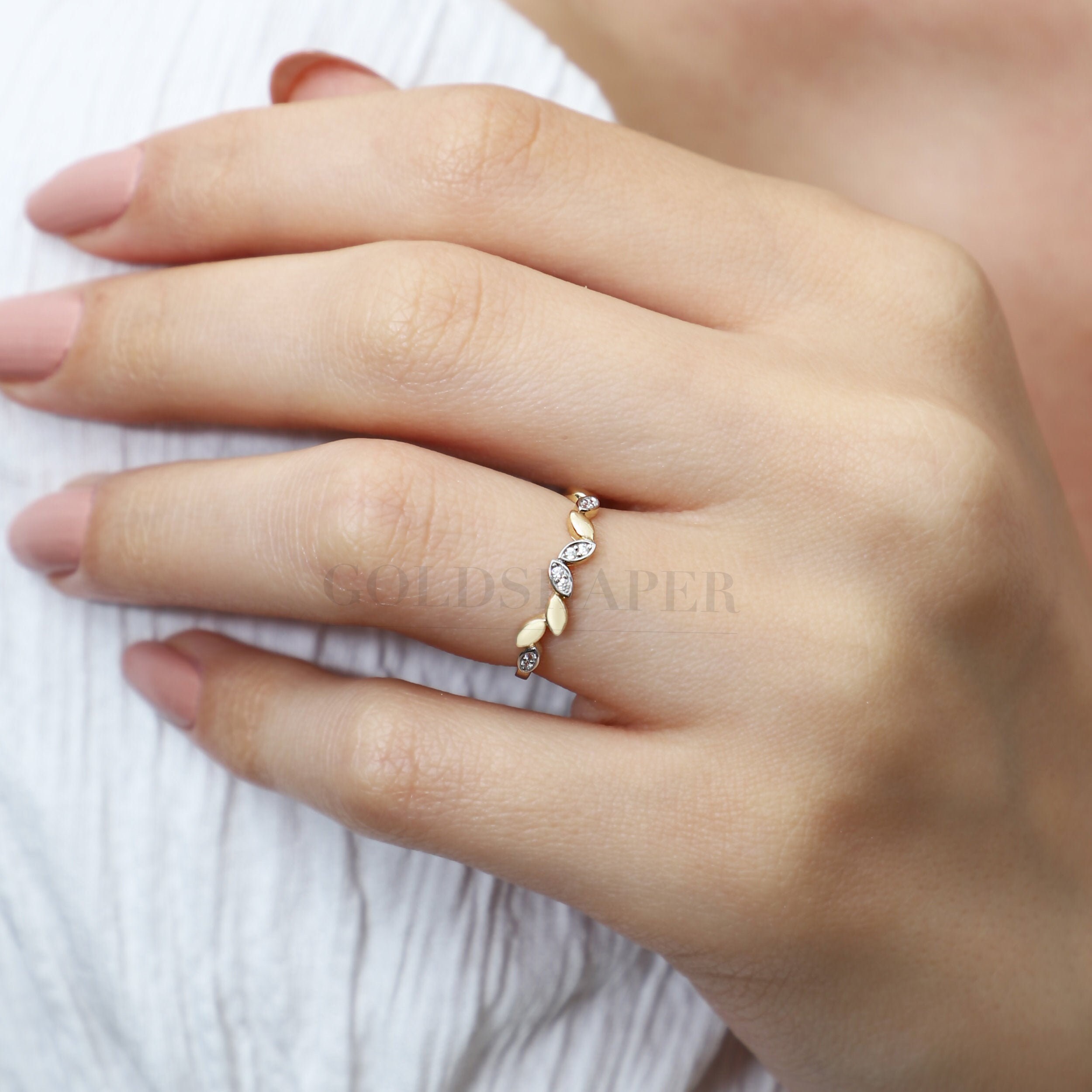 Tiny Leaf Ring, 14K Solid Gold Olive Branch Christmas Gift, Wedding Anniversary Birthday Gift