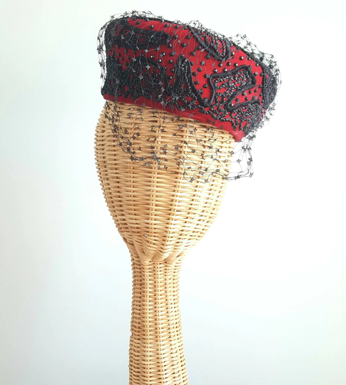 Vintage 1940S Red Silk Velvet & Black Pillbox Hat, Formal Dress Beaded Beads, Winding Soutache Trim, Net Veil, Macy's New York