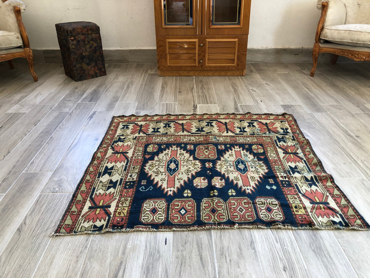 Turkish Blue Rug, Small Rug, Oriental Rug, Vintage Rug, Home Decor Rug, Bohemian Rug, Anatolia Rug, Eclectic Rug, Decorative Rug, 3.8 X 3.5 Ft