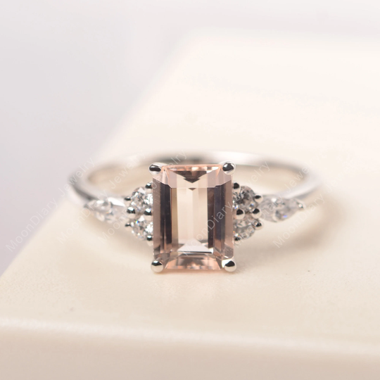Pink Morganite Engagement Ring Sterling Silver Emerald Cut Real Natural Pink Gemstone
