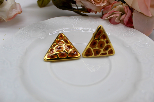 Vintage 80's Gold Triangle Leopard Clip On Earrings, Jewelry, Fashionable Earrings