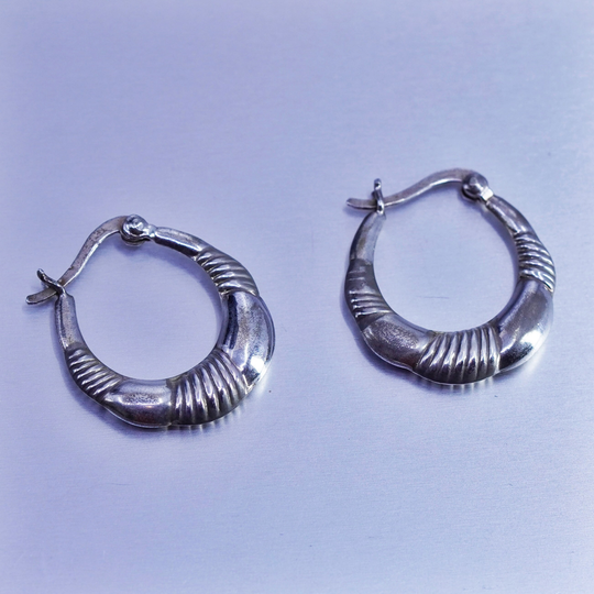 0.75", Vintage Sterling Silver Handmade Earrings, Ribbed 925 Hoops, Stamped