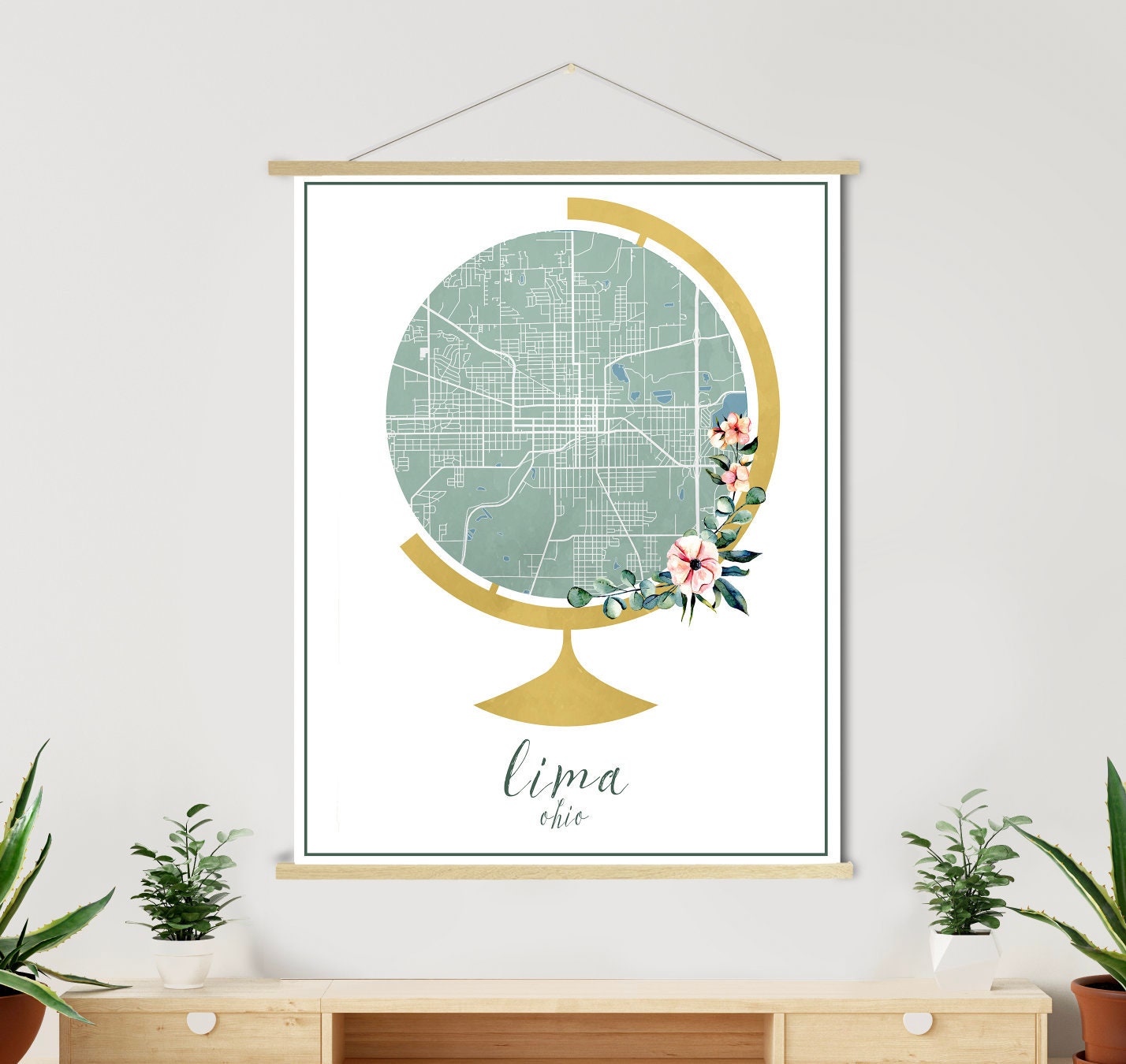 Lima Ohio Globe Street Map | Hanging Canvas Of Printed Marketplace