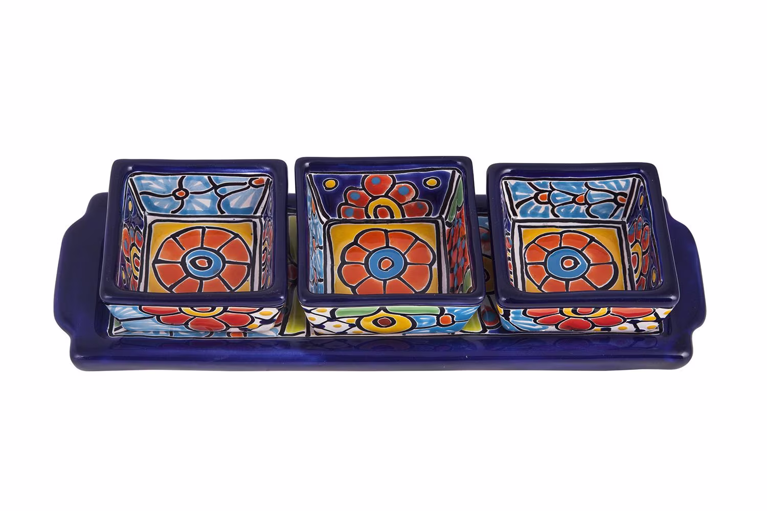 Talavera Ceramic Snack Platter From Mexico - 4 Parts Cuadros