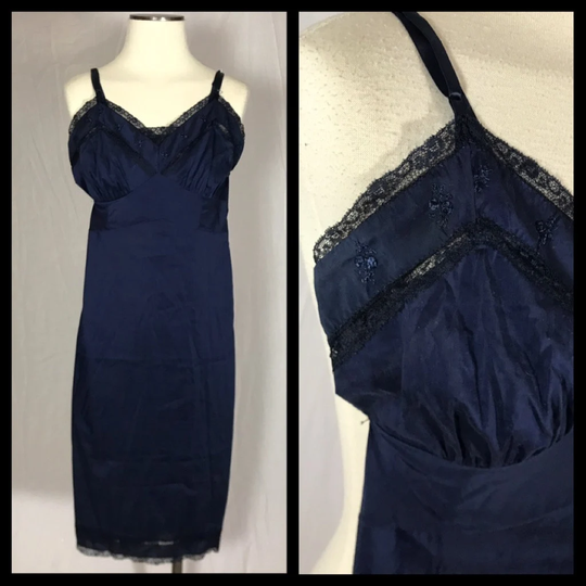 Vintage 1960S Era Rogers Navy Blue Dacron Nylon Cotton Blend Full Slip Non-stretch Lace & Embroidery Below Knee Length Size Bust 34"