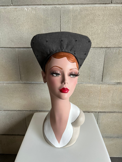 Grey Halo Hat Japanese Cotton Tilt Hat 1930S 1940S 1950S Inspired Mid-Century Burlesque Pinup Rockabilly Vintage Retro Repro Black Stars