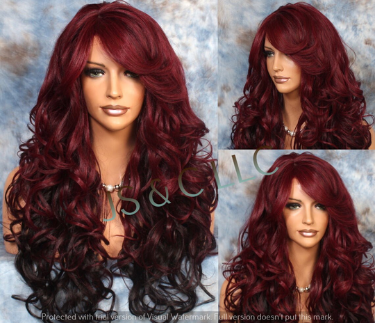 Red Mixed Ombre Human Hair Blend Wig Layered & Curly Full Bangs Heat Ok Cancer Alopecia Theater Cosplay Anime Emo Celebrity Pageant