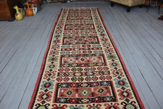 3'2"x 10'1" Feet No 237 Vintage Handwoven Kilim Runner Rug, Ethnic Bohemian Long Rug