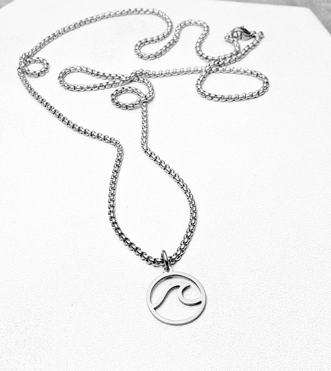 Men's "Mini Wave Coin" Necklace| Silver Stainless Steel Wave Coin Pendant Box Chain Necklace