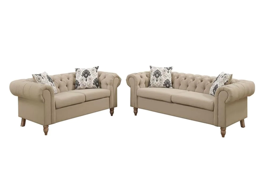 Poundex Maigan Midcentury 2-Piece Polyester/Polyester Blend Sand Living Room Set in Brown | F6965