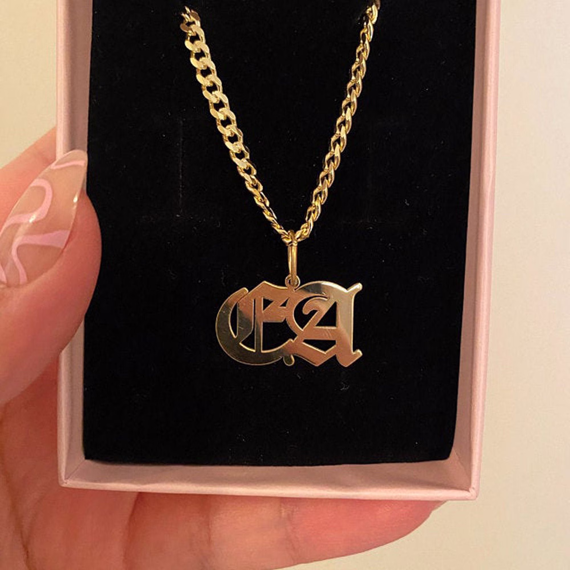Men Necklace, Personalized Boyfriend Necklace Jewelry, 2 Letter Old English Initial Curb Chain, Gift For Father's, Custom Mens Gift