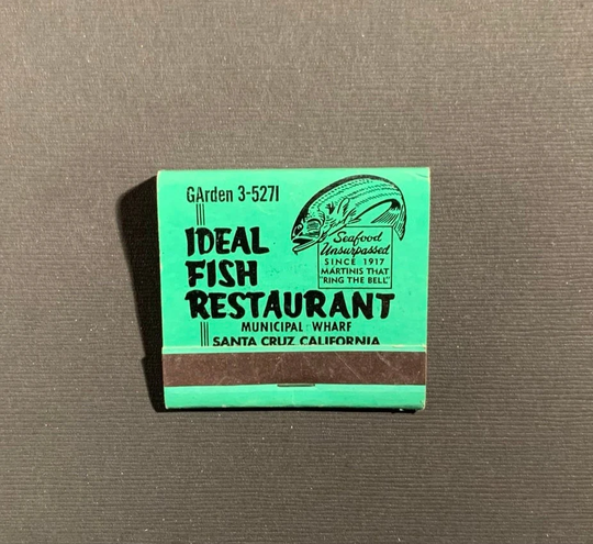 Vintage Matchbook, Ideal Fish Restaurant, Olivards, Santa Cruz, Wharf, Front Strike, with 30 Match Sticks, Free Ship Usa