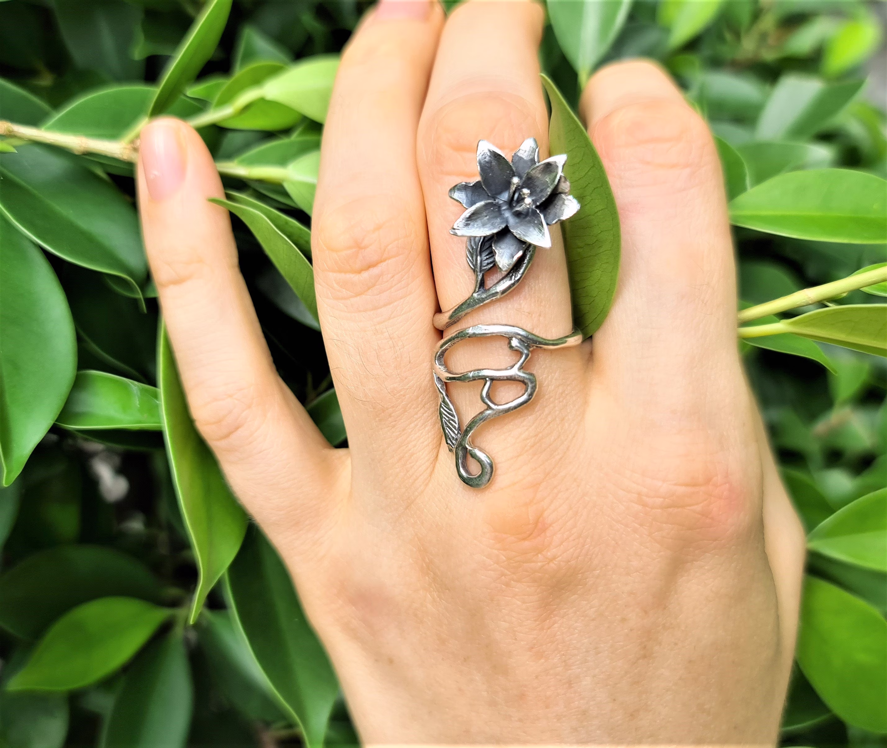 Flower Ring Sterling Silver 925 Floral Exclusive Design Long Knuckle Adjustable