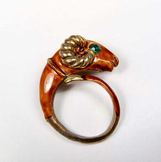 Vintage Orange Enamel Rams Head Ring Gold Tone Green Rhinestone Eyes Sz 8 Aries