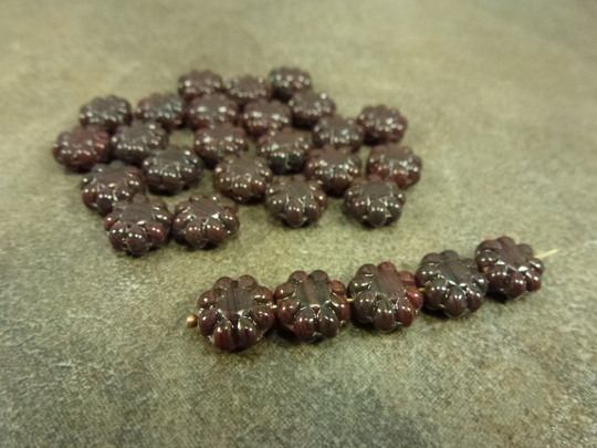 25Pc Dark Mahogany Blend Flower Beads 9mm Czech Pressed Glass