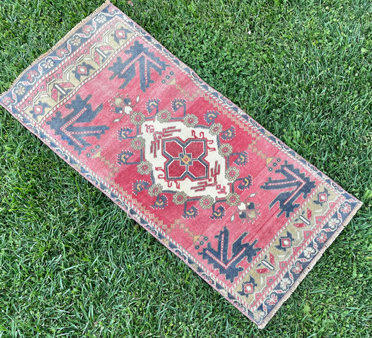 Small Rug, Door Mat Vintage Mat, Turkish Runner Rugs, Floor Oushak Boho Hallway 1'8"x3'7" Ft