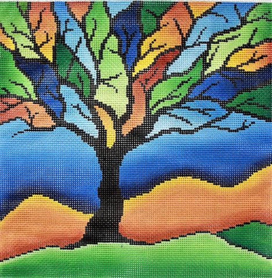 Needlepoint Handpainted Jp Colorful Tree 10x10 -Free Us Shipping
