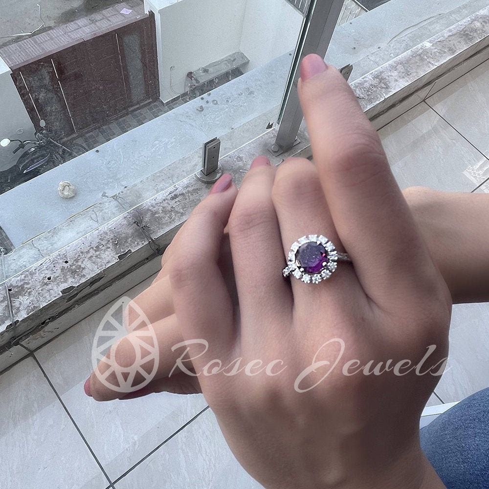 Rhodolite Ring, Moissanite Engagement Rings For Women, Vintage June Birthstone Halo Ring