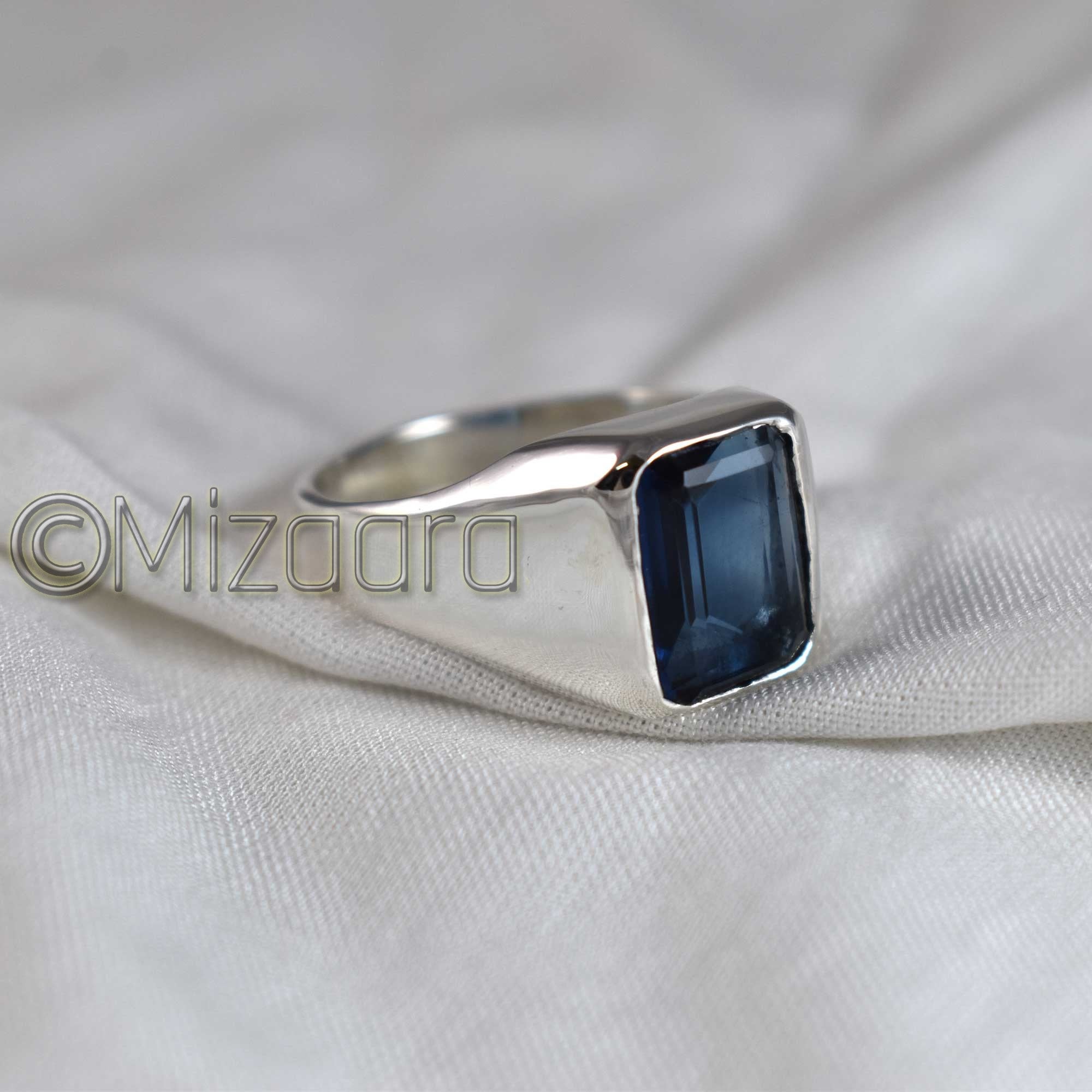 Blue Sapphire Ring, 925 Sterling Silver Signet Mens Gemstone Cocktail Statement Gift For Husband