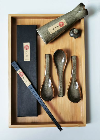Japanese Taupe Ceramic Spoon Set. Ceramic Soup Spoon. Dessert Spoons. Tableware, Soy Sauce Bottle. Chopsticks Set