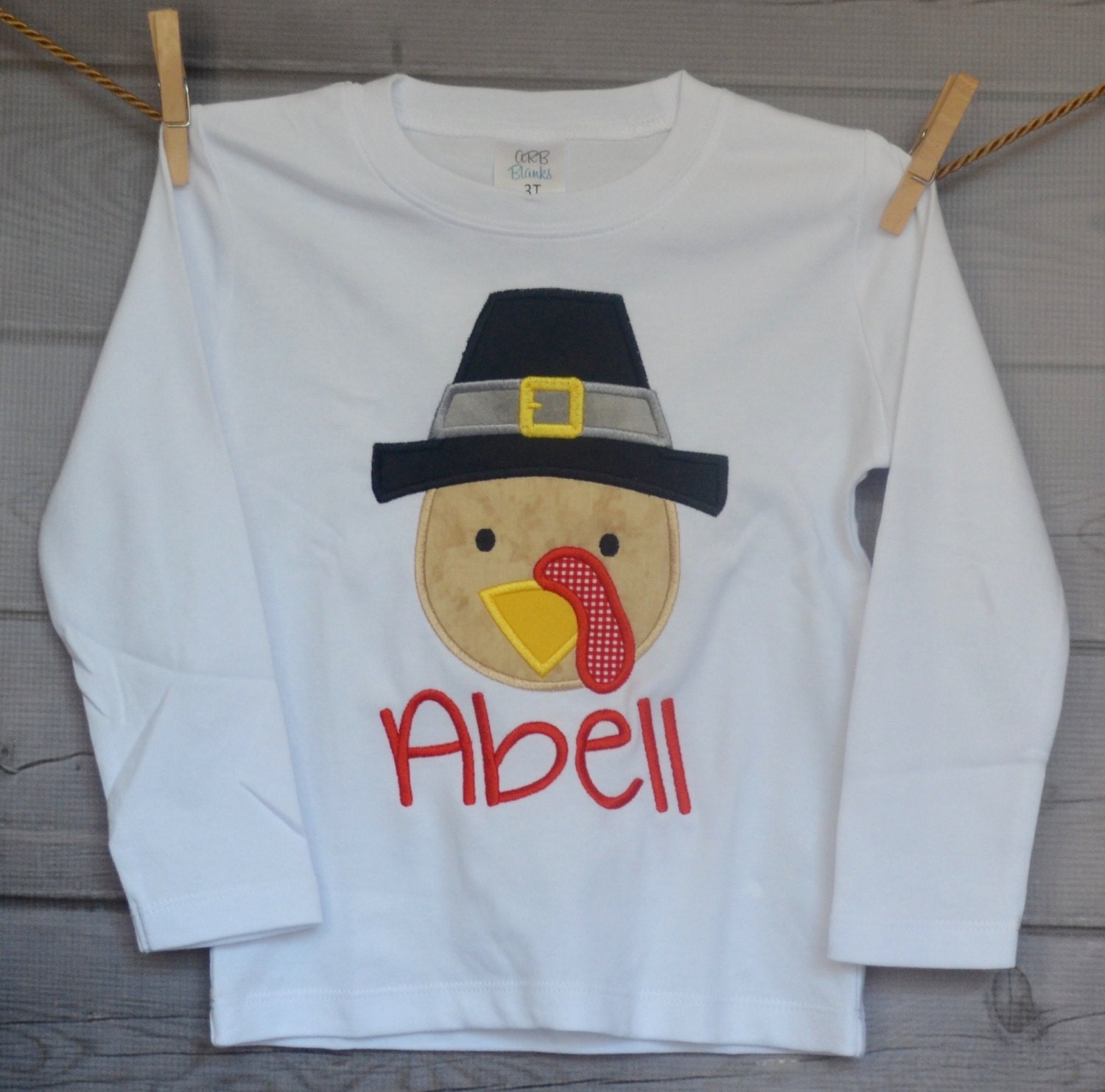 Personalized Turkey With Pilgrim Hat Applique Shirt Or Bodysuit For Boy Girl
