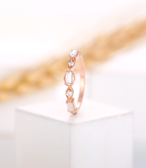 Vintage Moissanite Wedding Band Rose Gold, Half Eternity Band, Baguette Cut Band, Round Band, Unique Band, Anniverary Ring