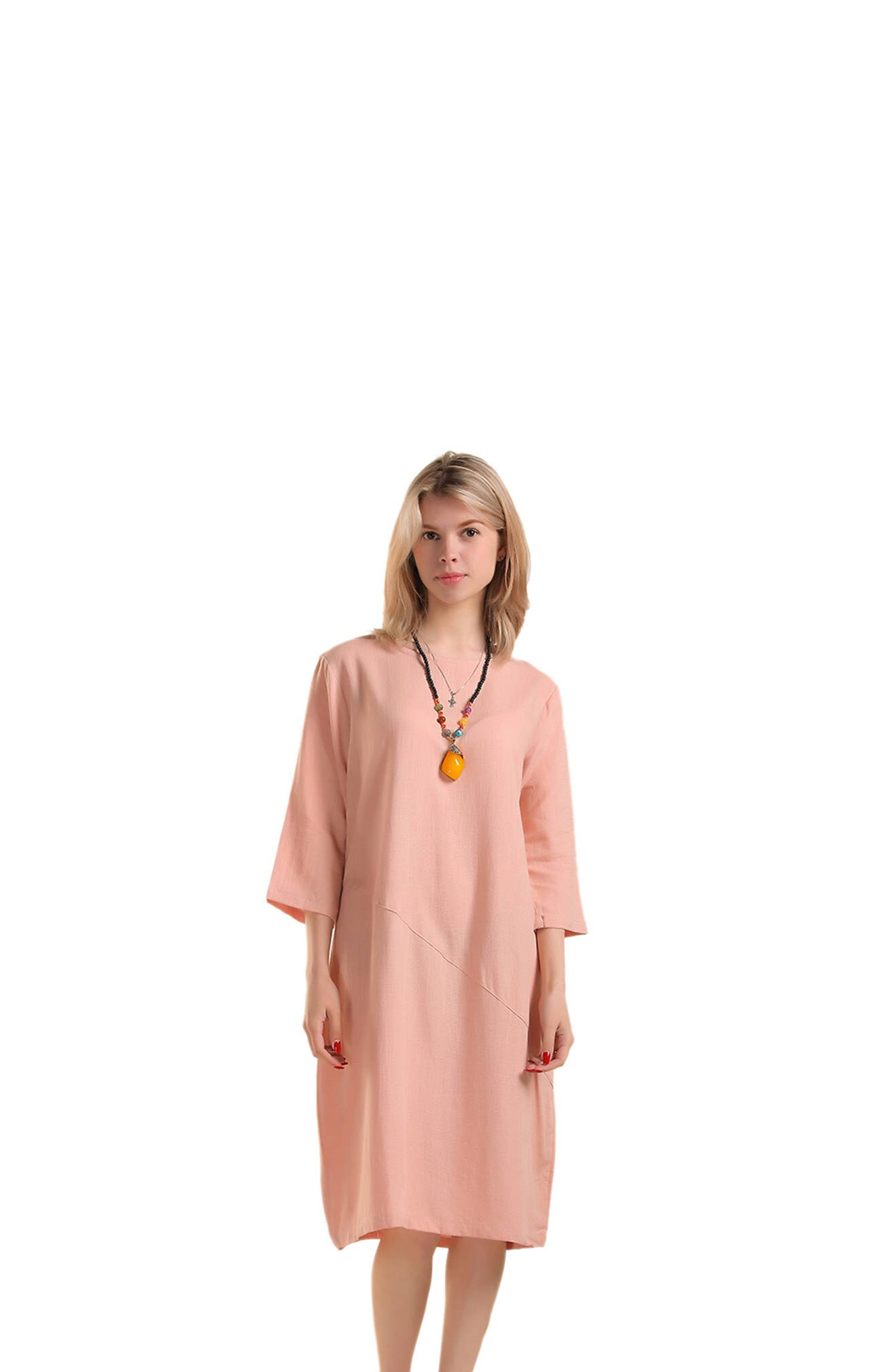 Three-Quarter Summer Midi Linen Dresses Women's Loose Casual Cotton Dress Caftan Large Size Plus Clothing B11