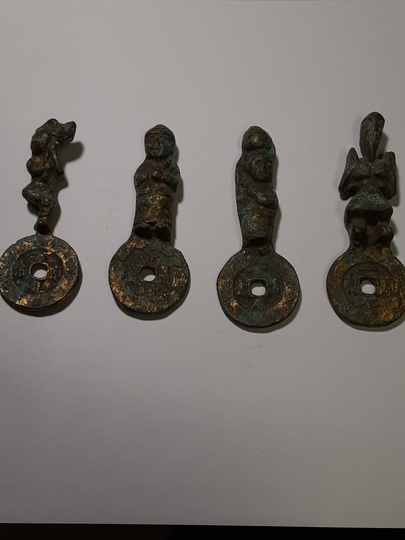 Old Chinese Gold Bronze Coin Amulets, 3"